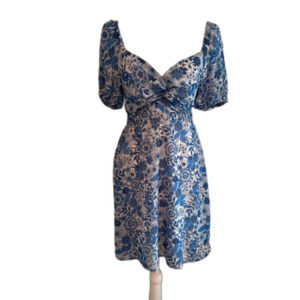 Sincerely Jules | Smocked Back Boho Chic Blue Print Dress Size Small Coquette